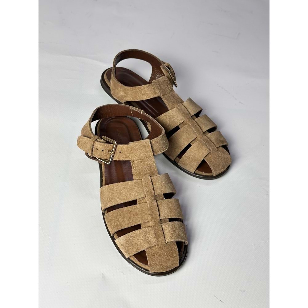 Taba Süet Kafes Düz Sandalet
