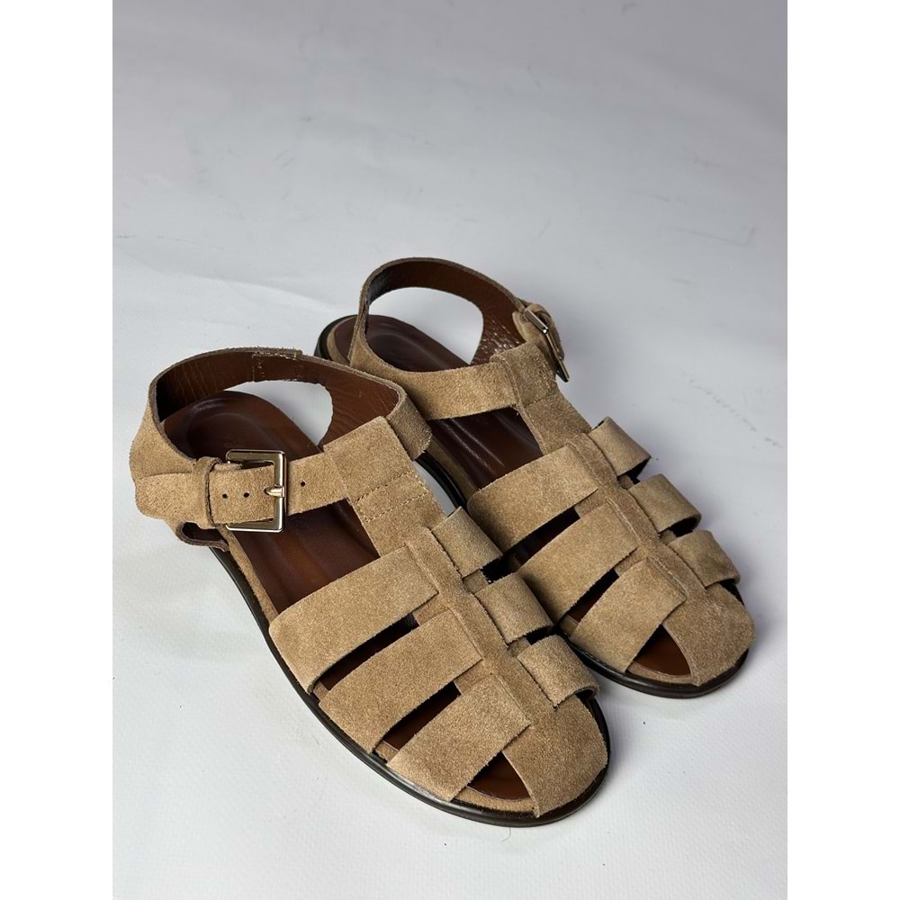 Taba Süet Kafes Düz Sandalet