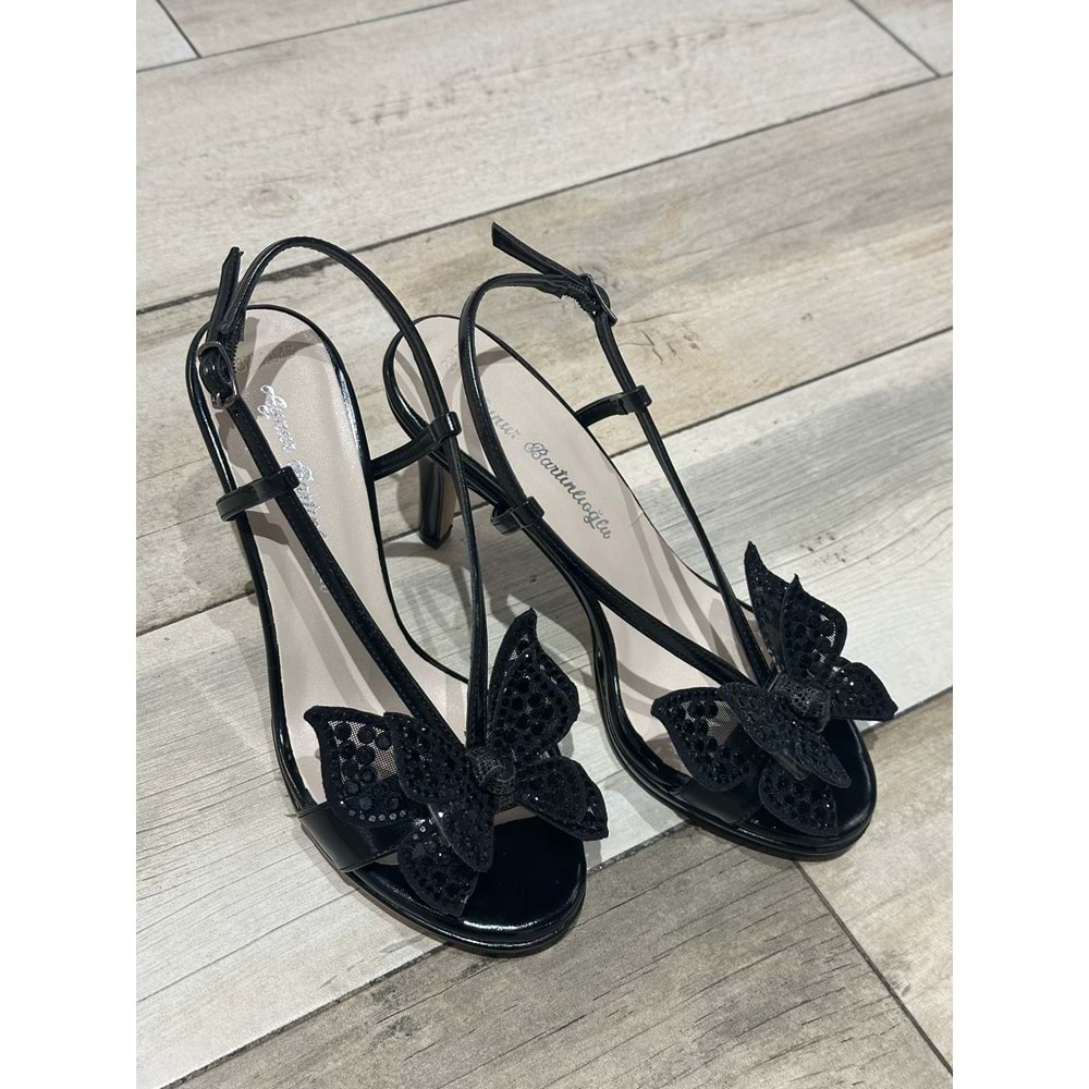 Siyah Taşlı Kelebek Detaylı Slingback Abiye Ayakkabı