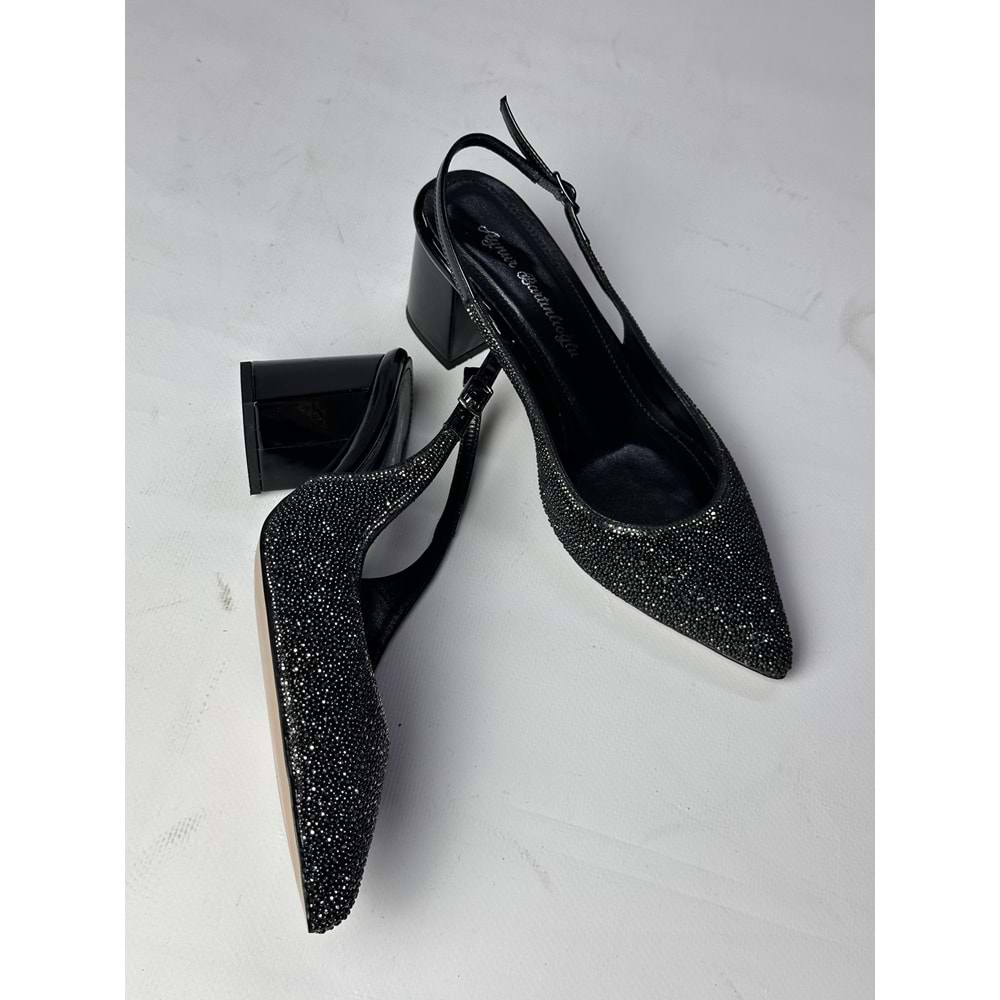 Siyah Taşlı Taşlı Taşlı Slingback Kalın Topuklu Abiye Ayakkabı