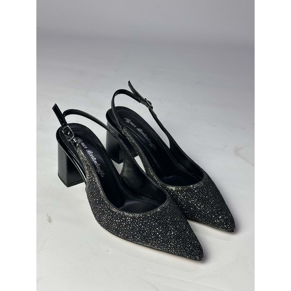 Siyah Taşlı Taşlı Taşlı Slingback Kalın Topuklu Abiye Ayakkabı