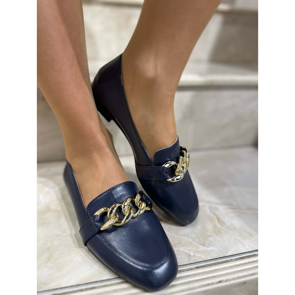 Lacivert Zincir Tokalı Loafer Babet