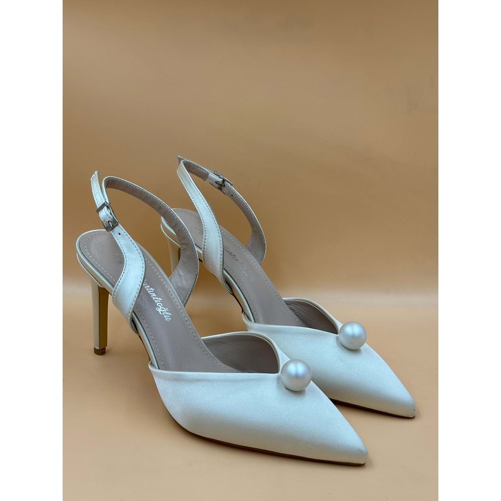 Sedef Saten Saten İnci Detaylı İnce Topuklu Slingback Gelin Ayakkabısı