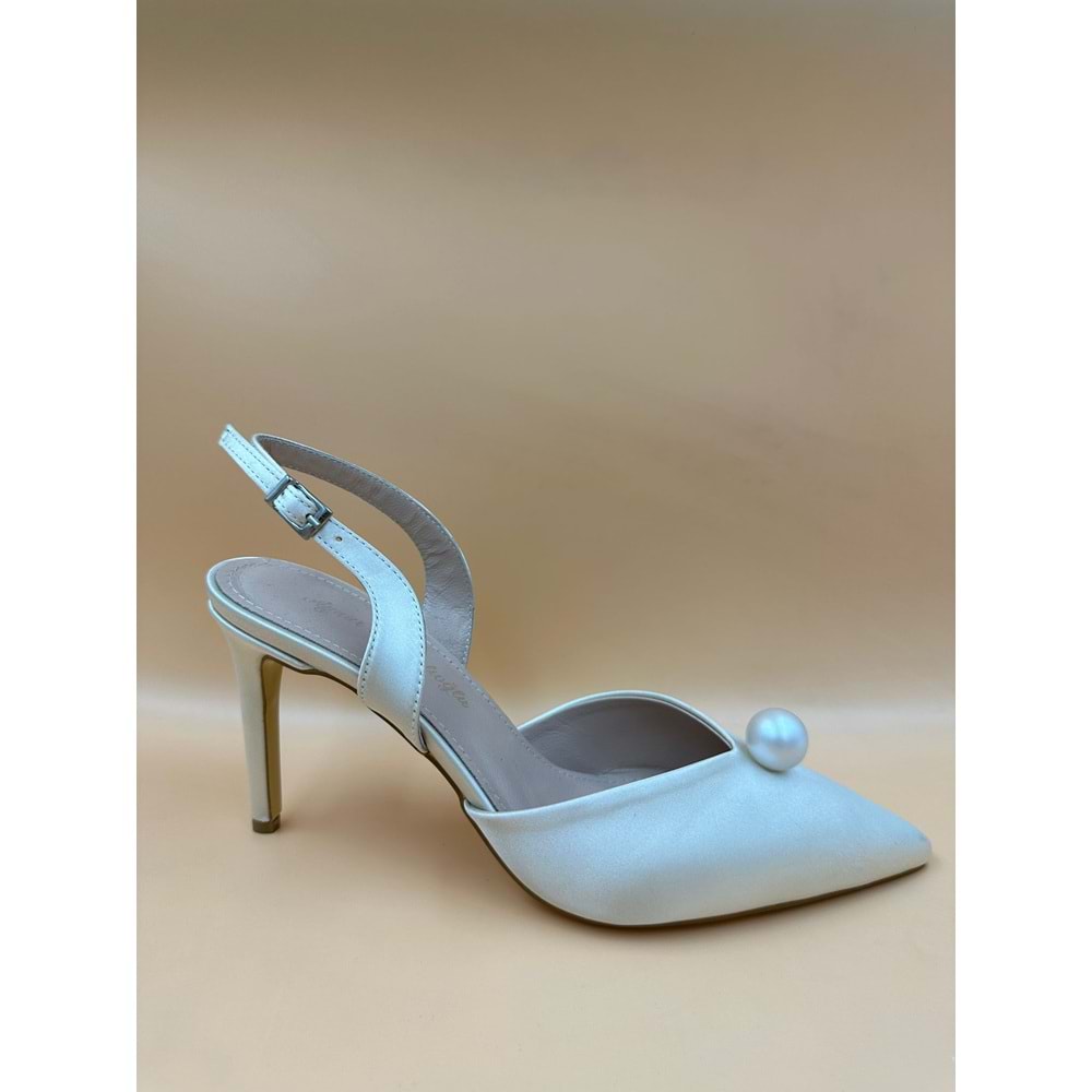 Sedef Saten Saten İnci Detaylı İnce Topuklu Slingback Gelin Ayakkabısı