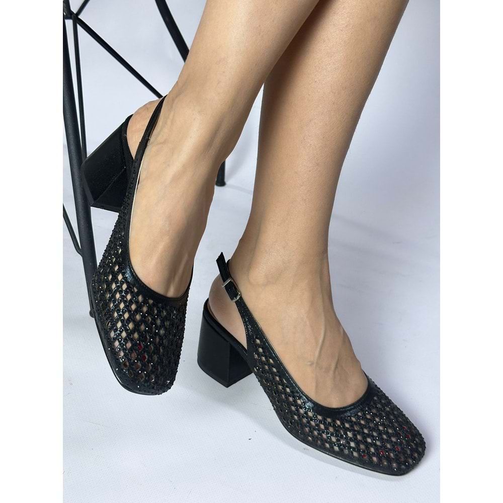 Siyah Taşlı Fileli Desenli Slingback Abiye Ayakkabı